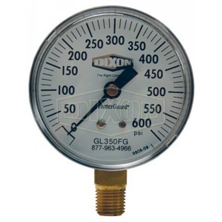 Dixon FlutterGuard Dry Gauge, 0 to 1000 psi, 1/4 in Connection, 2-1/2 in Dial, +/- 3-2-3 % GL355FG